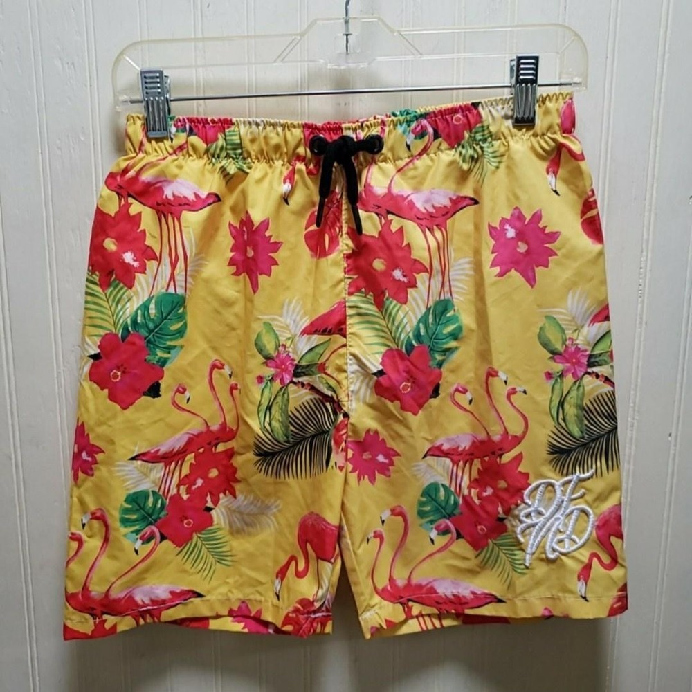 DFND Swim Shorts Boys 13-14 Years Yellow Flamingo Tropical Elastic Waist Mesh